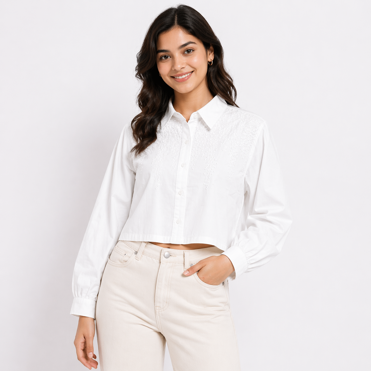 Korean Style Embroidered Crop Shirt (White &Brown)