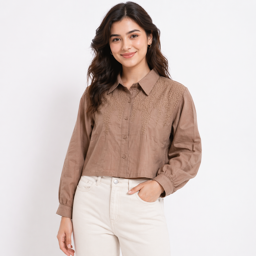 Korean Style Embroidered Crop Shirt (White &Brown)