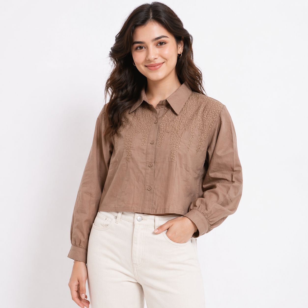 Korean Style Embroidered Crop Shirt (White &Brown)
