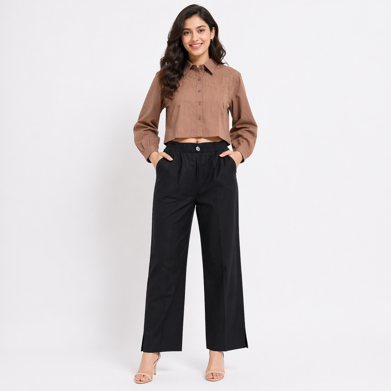 Korean Style Embroidered Crop Shirt (White &Brown)