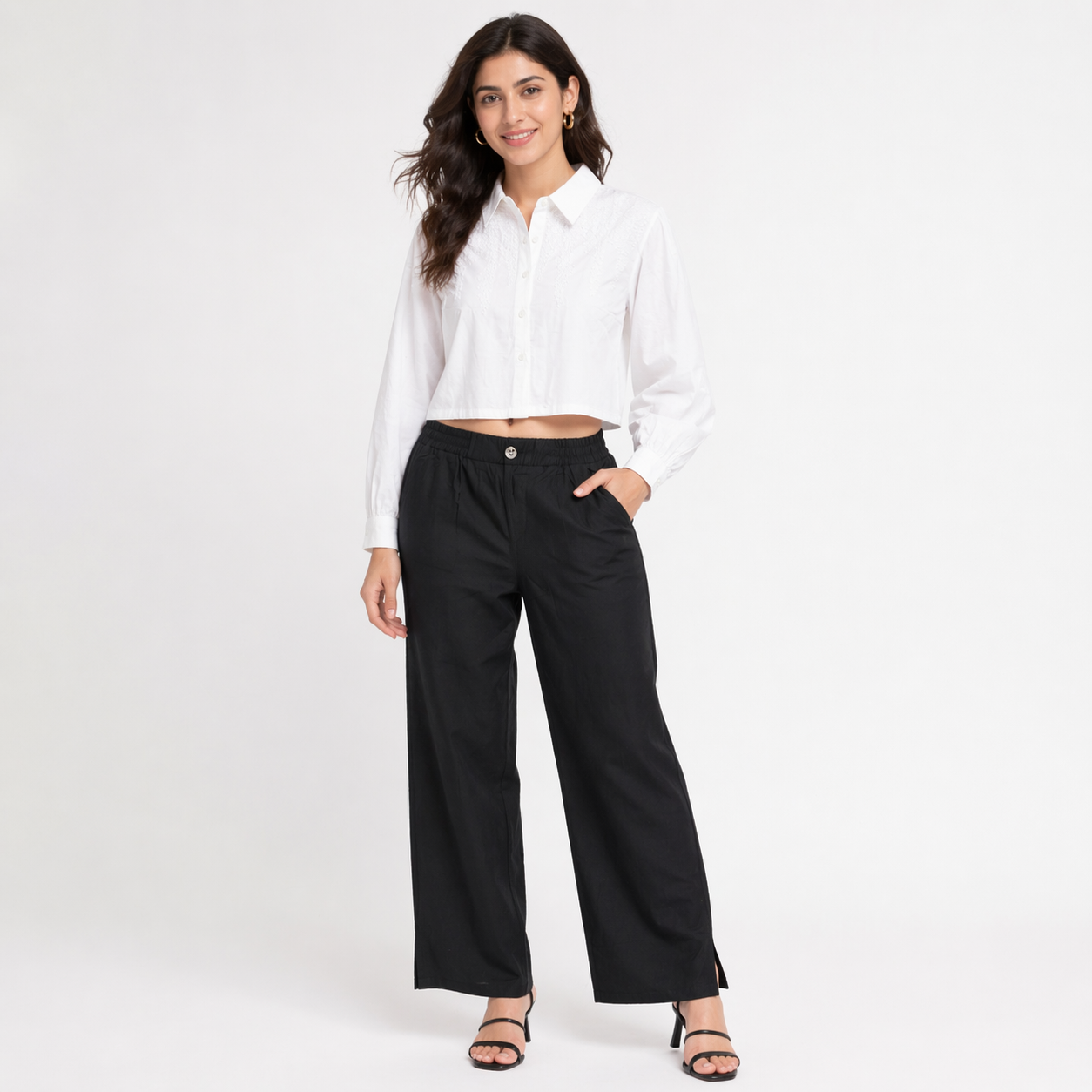 Korean Style Embroidered Crop Shirt (White &Brown)