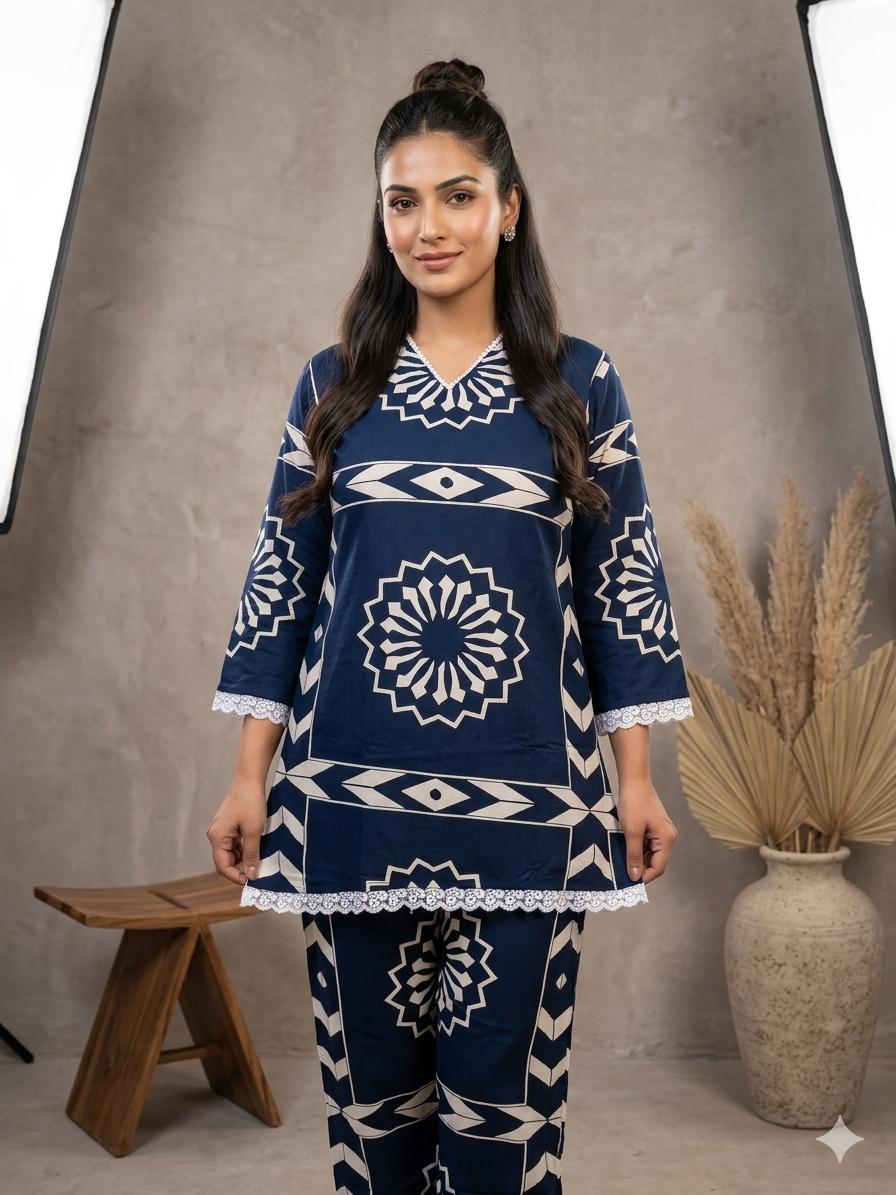 Elegant Printed Co-ord Set (Available in Navy Blue & Black)