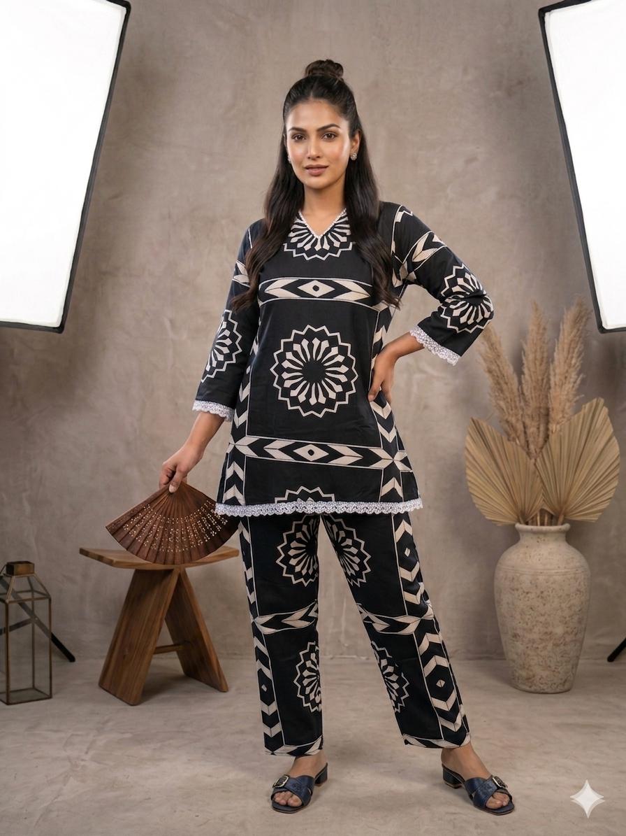 Elegant Printed Co-ord Set (Available in Navy Blue & Black)